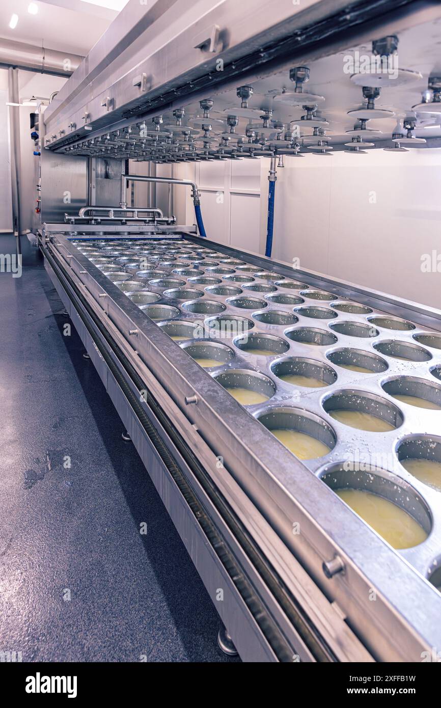 Le attrezzature in acciaio inox separano il latte in cagliate e siero di latte in un caseificio Foto Stock