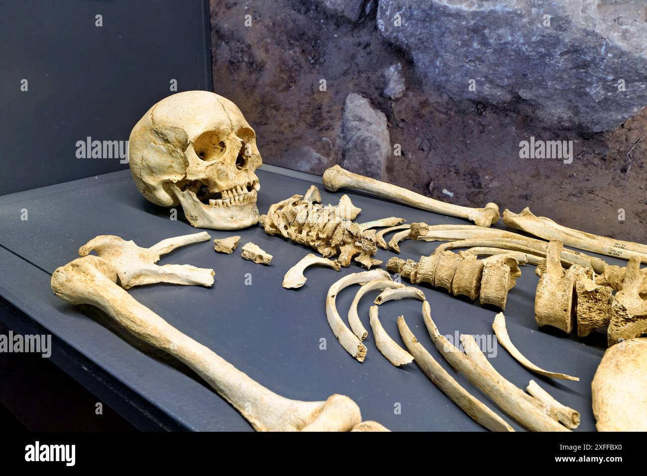 Volterra Toscana Italia. Museo Guarnacci dei manufatti etruschi. Resti di una tomba Foto Stock