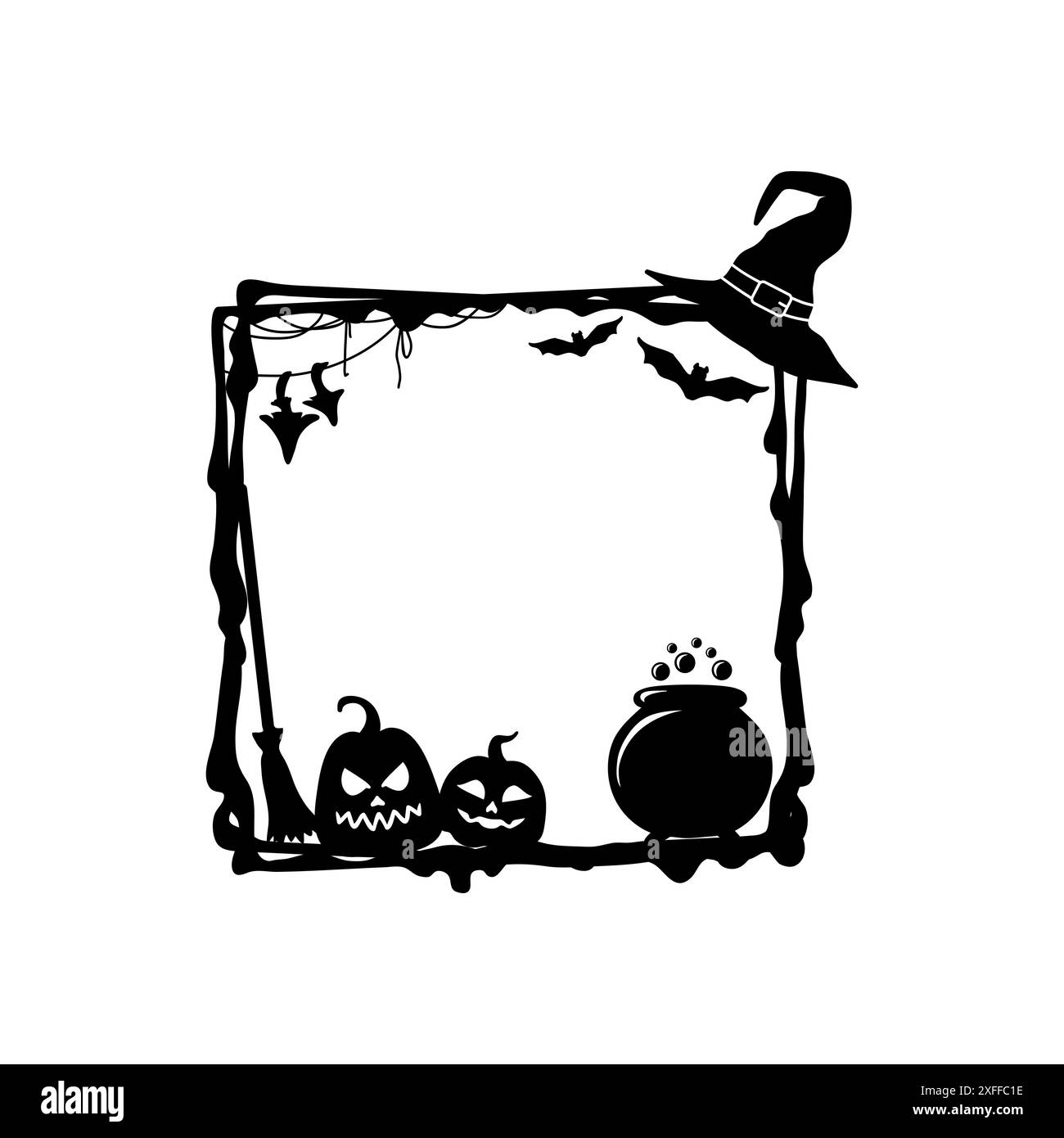 Cornice nera Halloween grunge. Bordo quadrato vettoriale intemprato e inquietante con cappello da strega, calderone, zucche e scopa, pipistrelli, amanita e ragnatele, racchiude l'essenza spettrale della stagione spettrale Illustrazione Vettoriale