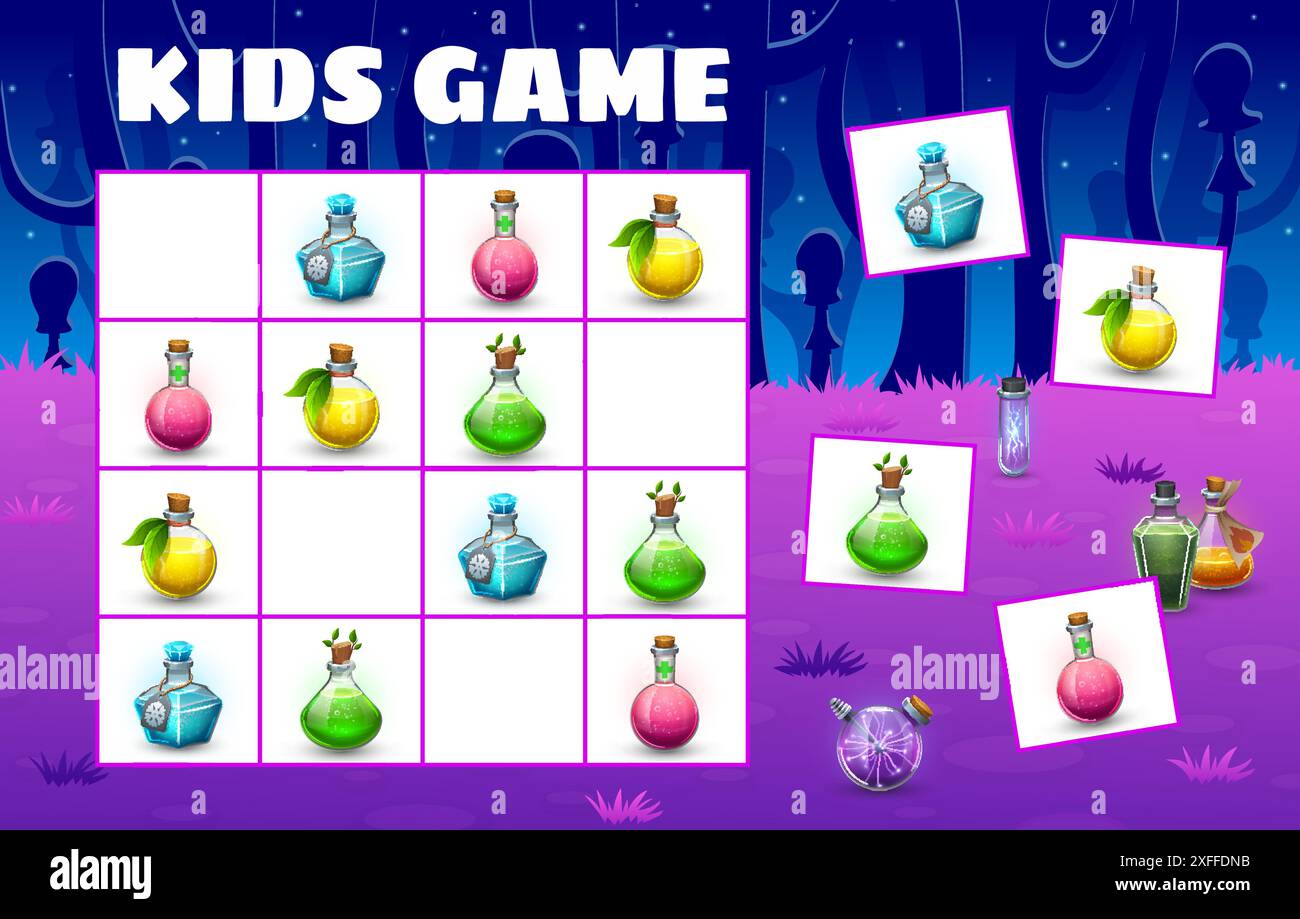 Gioco di sudoku per bambini di Halloween con bottiglie di pozione. Foglio di lavoro Vector Boardgame con fiasche colorate cartoni animati su lavagna a scacchi. Attività didattica, teaser di parole incrociate per bambini per divertimento e svago Illustrazione Vettoriale