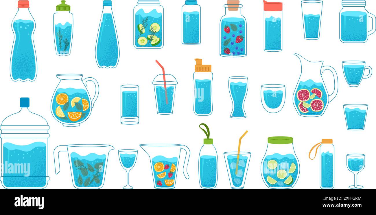 Contenitori d'acqua. Tazze lattine contenitori e bottiglie con bevande liquide disintossicanti Set di illustrazioni vettoriali recenti Illustrazione Vettoriale