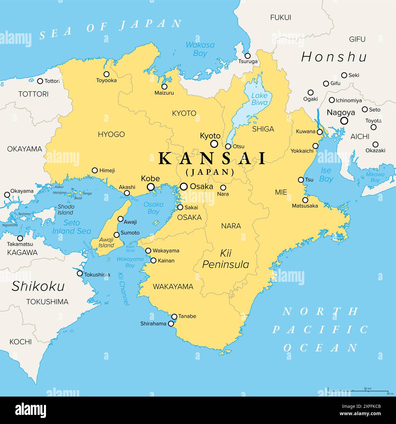 Regione del Kansai, o regione Kinki in Giappone, mappa politica. Regione centro-meridionale dell'isola principale Honshu. Foto Stock