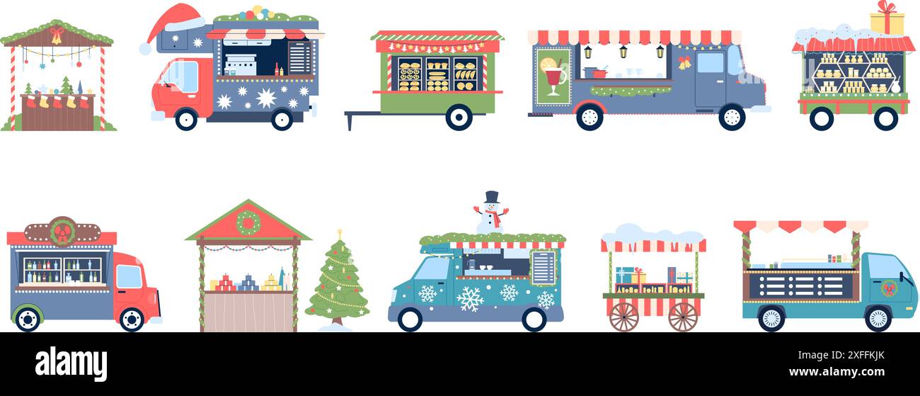 Bancarelle per il mercatino di Natale. Chioschi e bancarelle all'aperto. Capodanno e vacanze invernali stand in legno con cibo, bevande e recente set vettoriale Illustrazione Vettoriale