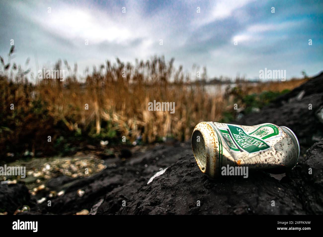 Una raccolta di immagini della spazzatura lasciata indietro da umani disordinati in natura proprio qui a Enkhuizen, Grootebroek, Frisia occidentale, Paesi Bassi Foto Stock