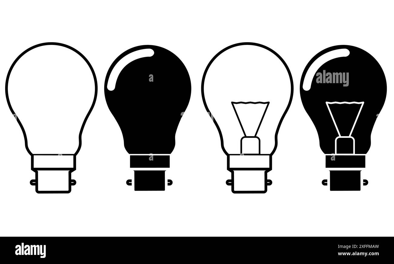 Set vettoriale lampadina in bianco e nero, bianco e nero isolato su sfondo bianco Illustrazione Vettoriale
