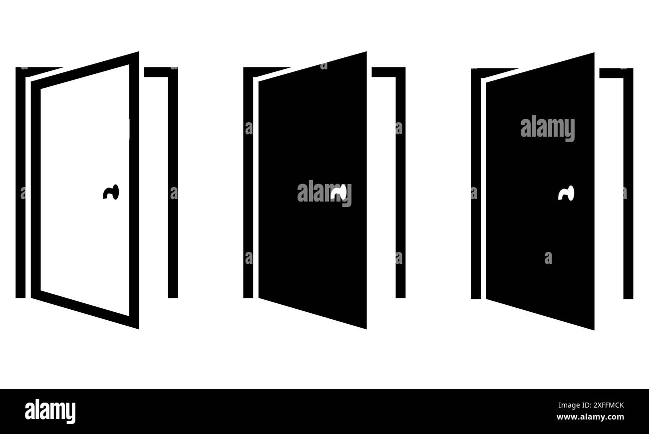 Vettori per porte aperte in bianco e nero, in bianco e nero e con foro di montaggio isolato su sfondo bianco Illustrazione Vettoriale