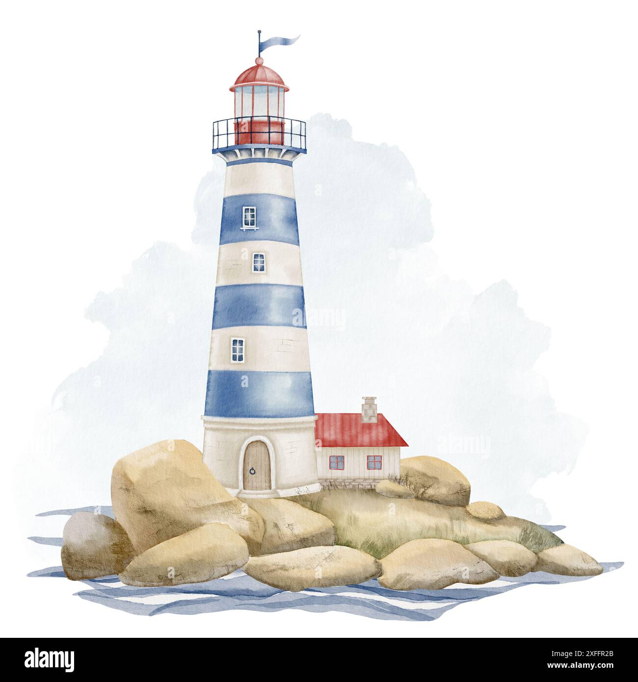 Faro ad acquerello e casa con tetto rosso su una roccia. Immagine del segnalatore luminoso nei colori blu pastello e beige. Disegno di Casa luce per Baby Shower design nautico. Paesaggio marino per poster. Foto Stock