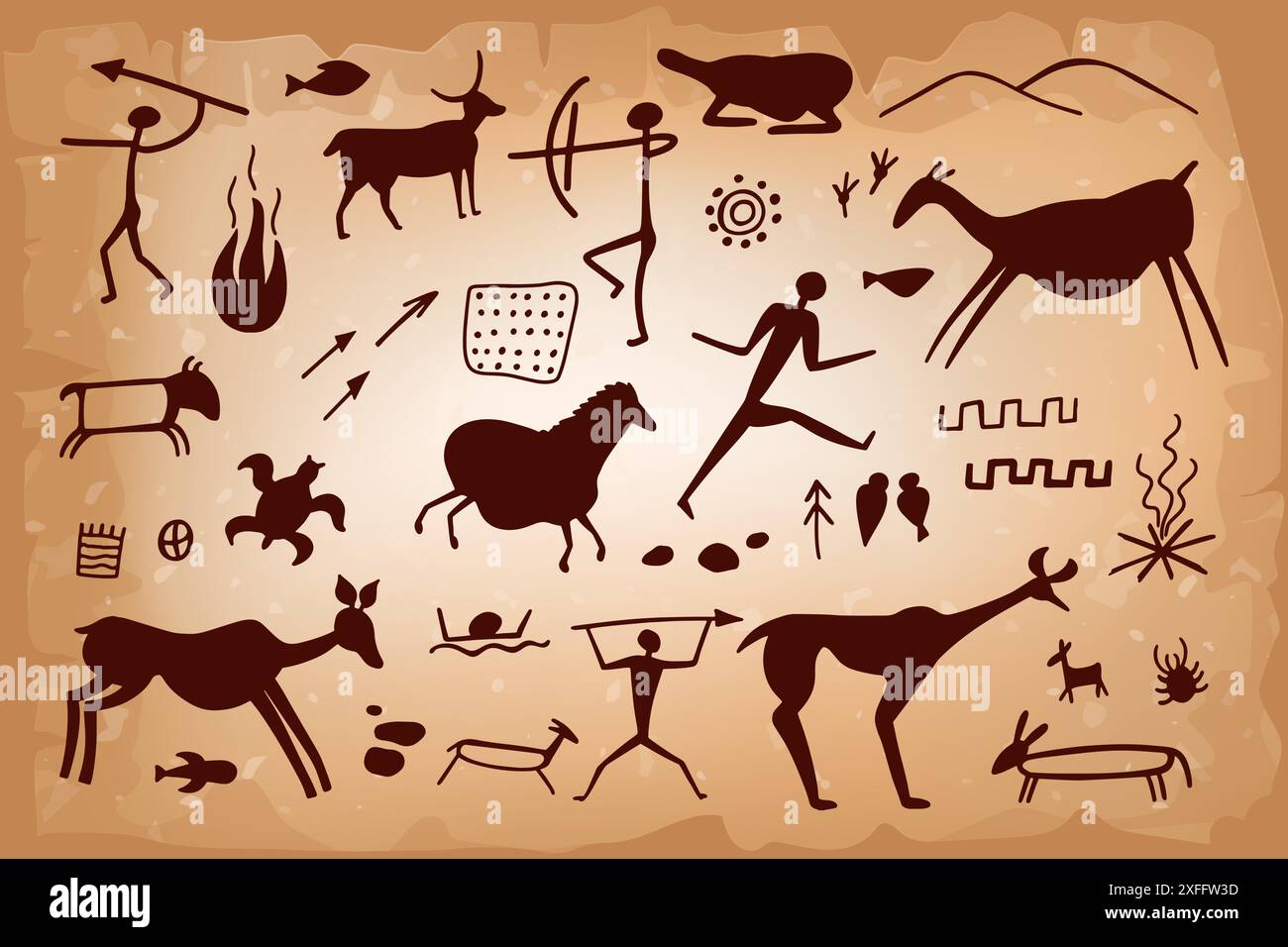 Sagome delle grotte dei primi umani, accompagnate da cavalli, cervi e tori, catturate nello stile di antichi dipinti rupestri. Preistorica attingendo Illustrazione Vettoriale