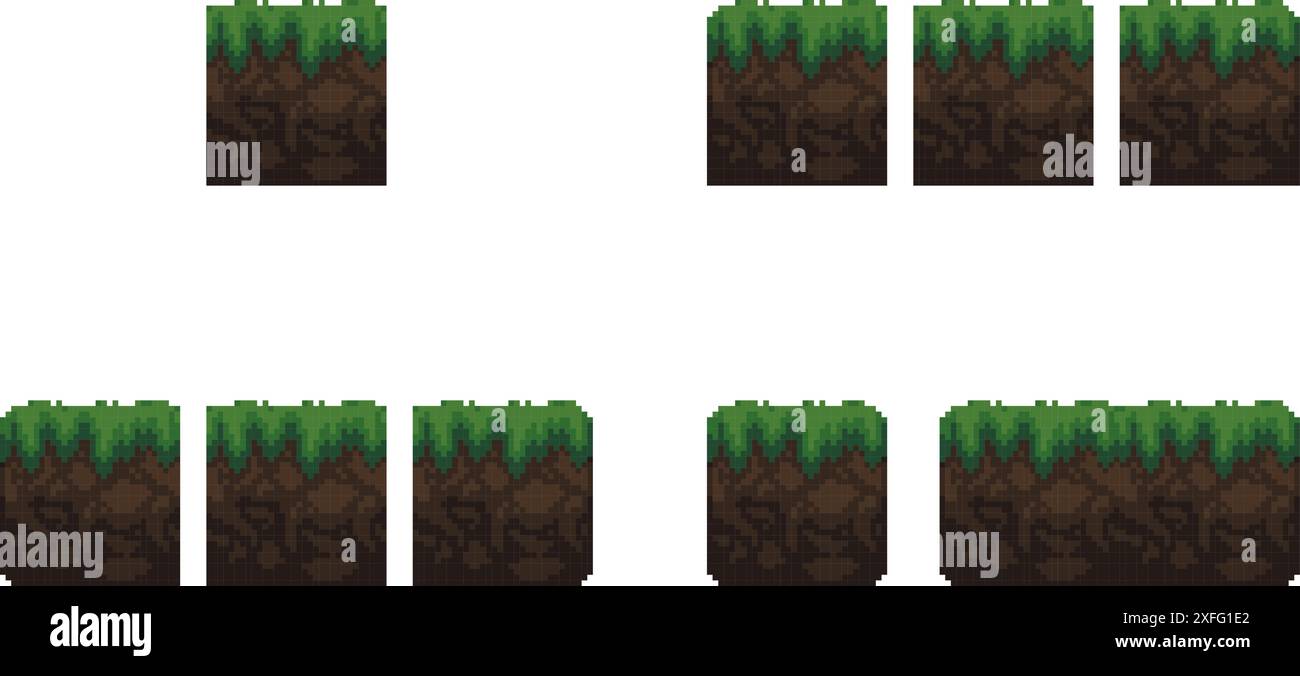 Set di piastrelle Pixel Art per videogiochi 2d retrò. Una serie di piastrelle di terra con erba per il platformer per il costruttore di posizioni. Illustrazione vettoriale Illustrazione Vettoriale