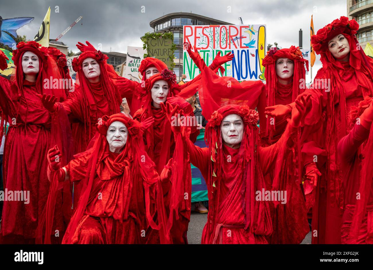 Londra / Regno Unito - 22 giugno 2024: Red Rebel Brigade attivisti climatici al Restore Nature Now march for Environmental Protection. Organizzazioni, tra cui Foto Stock