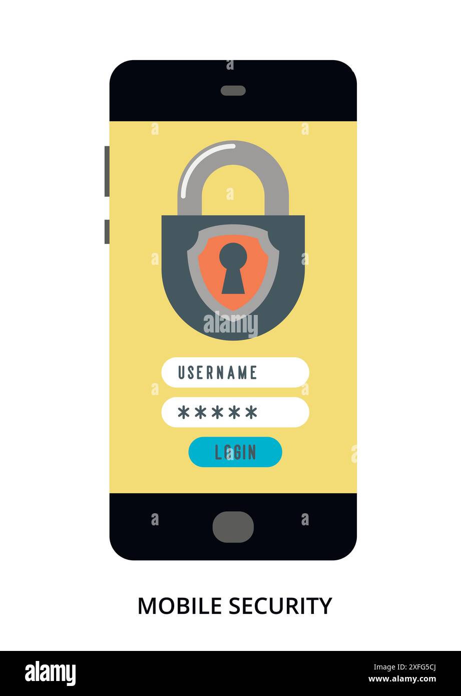 Concetto di sicurezza mobile su smartphone nero con diversi elementi dell'interfaccia utente, illustrazione vettoriale piatta Illustrazione Vettoriale
