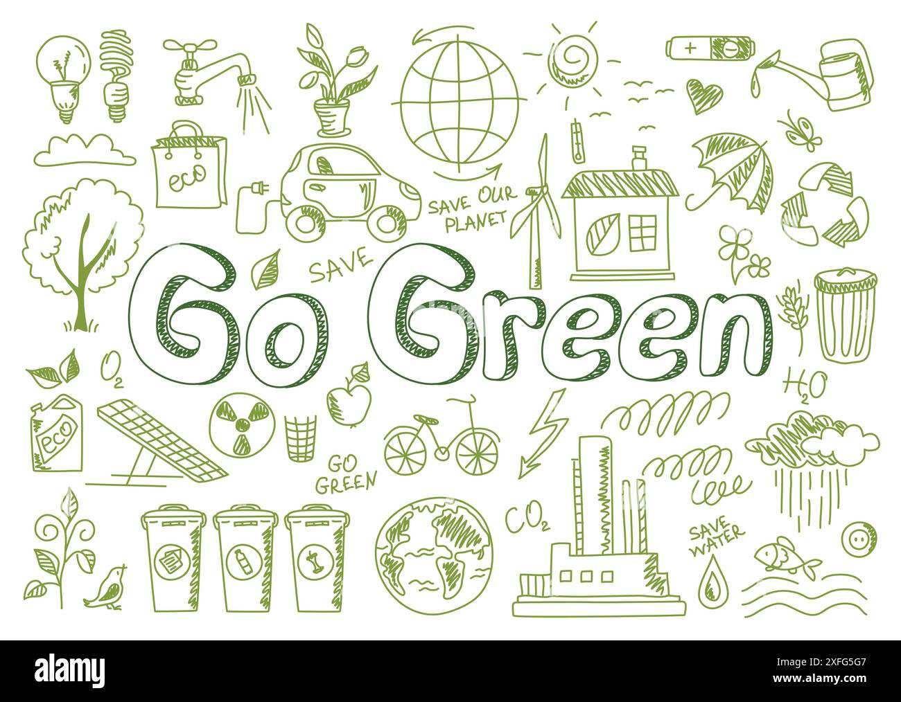 Illustrazione vettoriale disegnata a mano, set di icone Go Green, in stile doodle, per la grafica e il web design Illustrazione Vettoriale