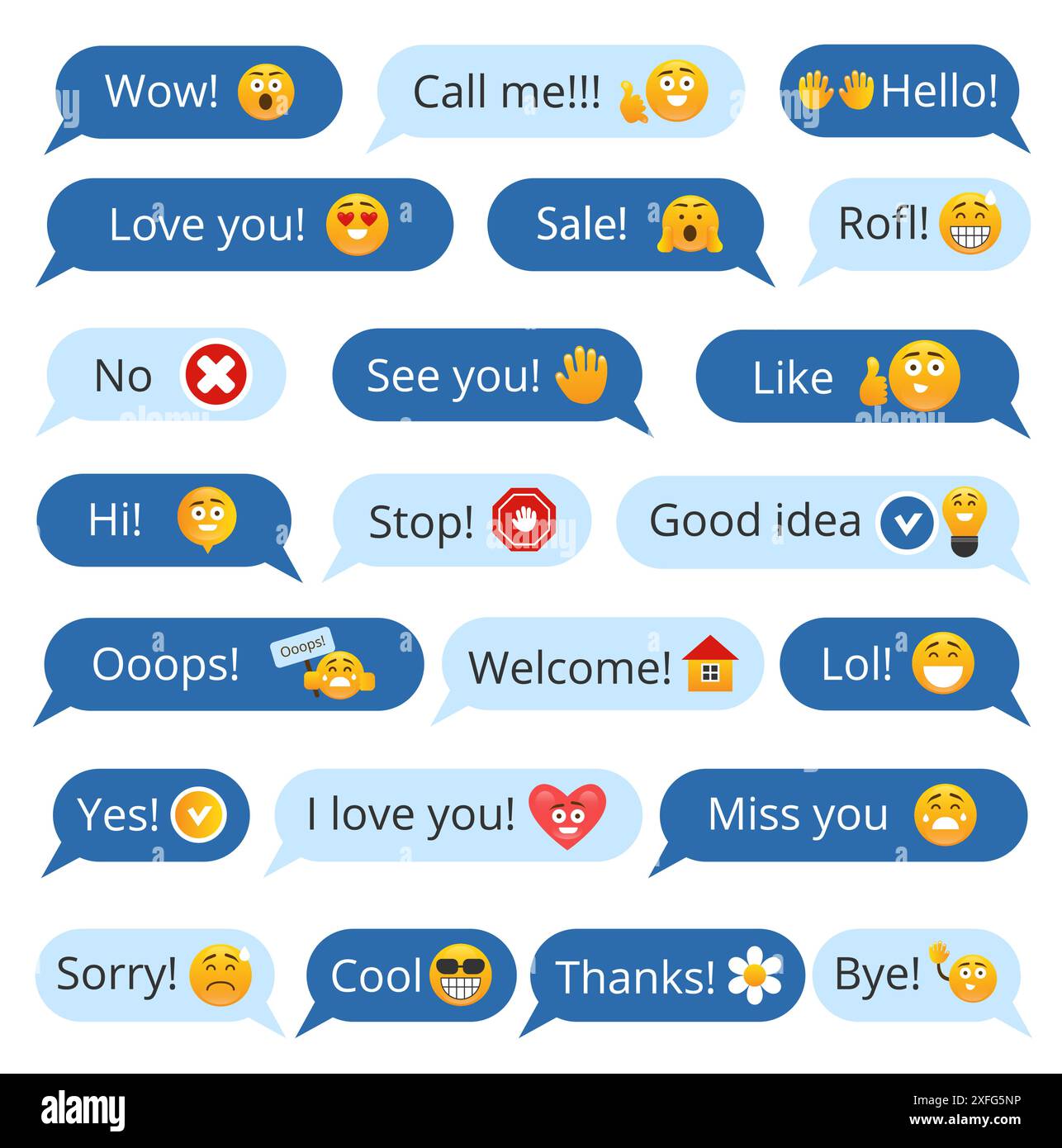 Serie di bolle di conversazione con parole e sorrisi diversi per la comunicazione sui social media. Illustrazione vettoriale isolata. Illustrazione Vettoriale