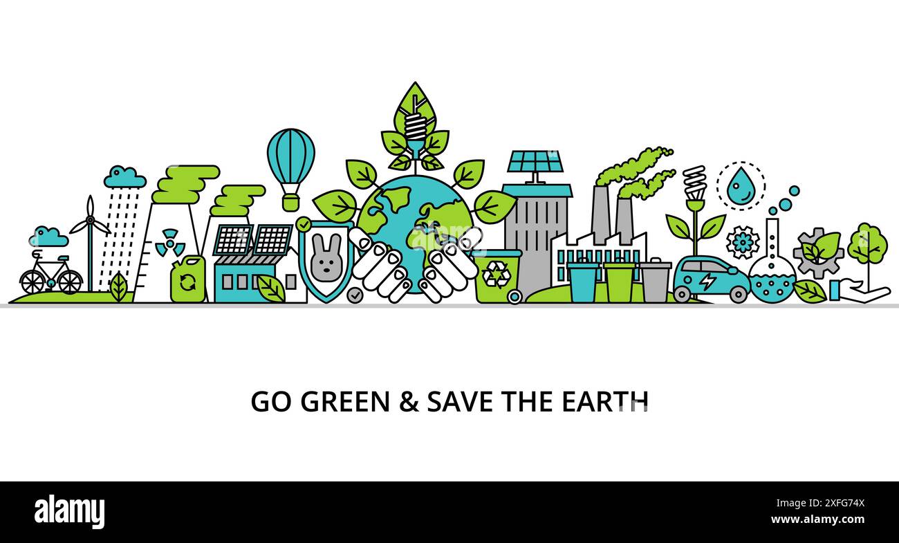 Concetto di "go green and Save the Earth", moderna illustrazione vettoriale di design a linea sottile e piatta, per la grafica e il web design Illustrazione Vettoriale