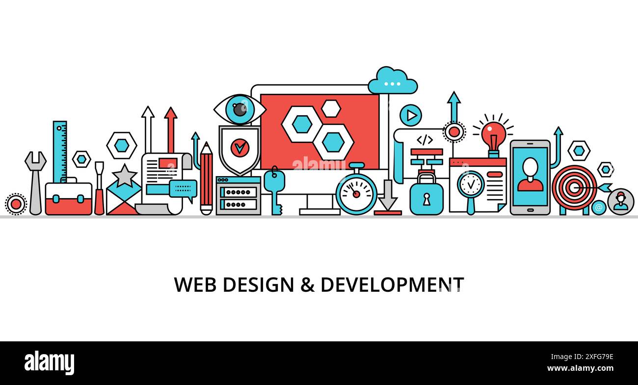 Concetto di progettazione e sviluppo Web, moderno vettore di linee piatte modificabile Illustrazione Vettoriale