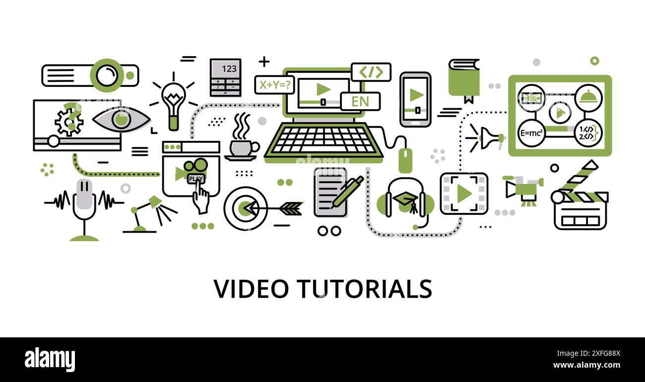 Concetto di esercitazioni video, moderna illustrazione vettoriale di design a linea piatta, per la progettazione grafica e Web Illustrazione Vettoriale