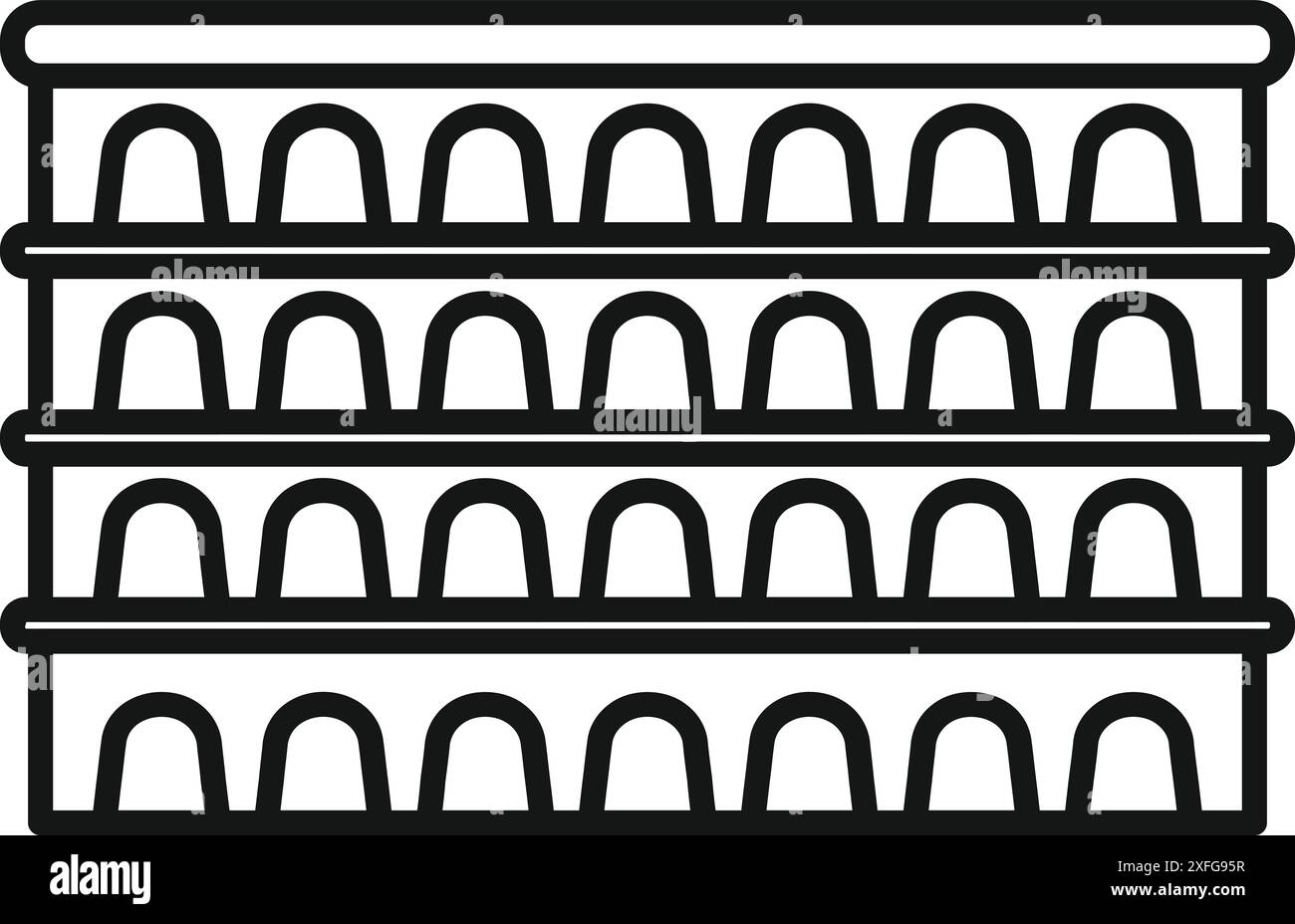 Scaffale del supermercato che espone i prodotti in vendita in fila su sfondo bianco Illustrazione Vettoriale