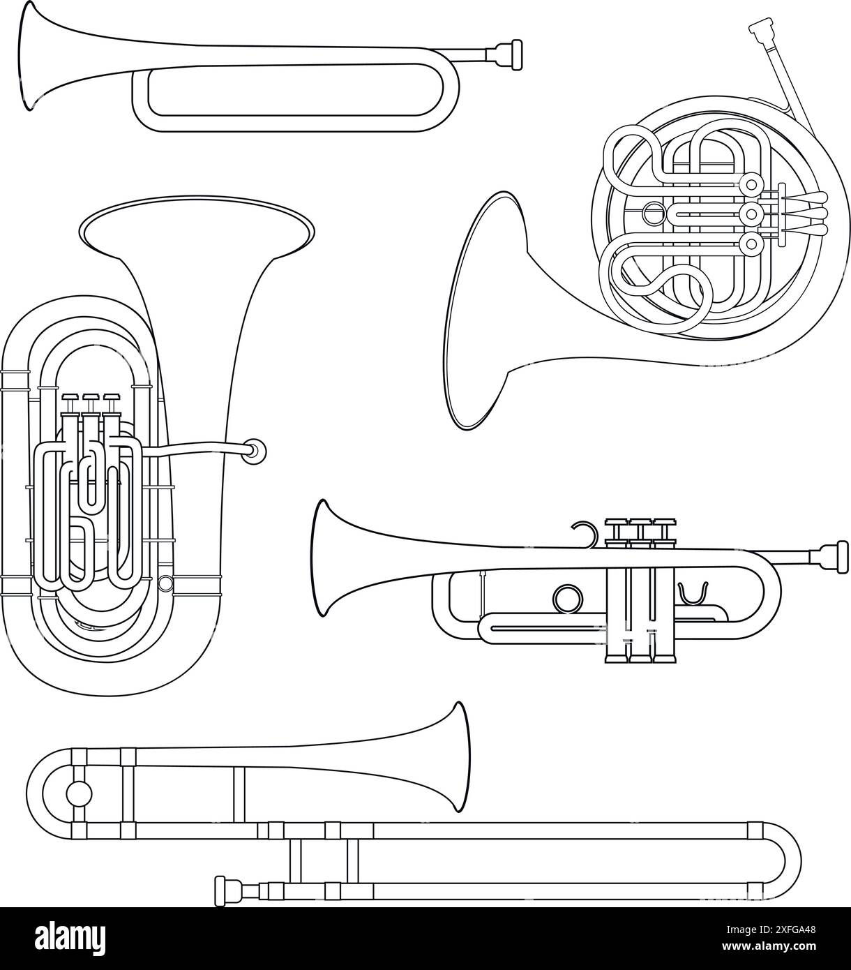 Set di illustrazioni vettoriali di strumenti musicali in ottone per colorare in stile cartoni animati isolati su sfondo bianco Illustrazione Vettoriale