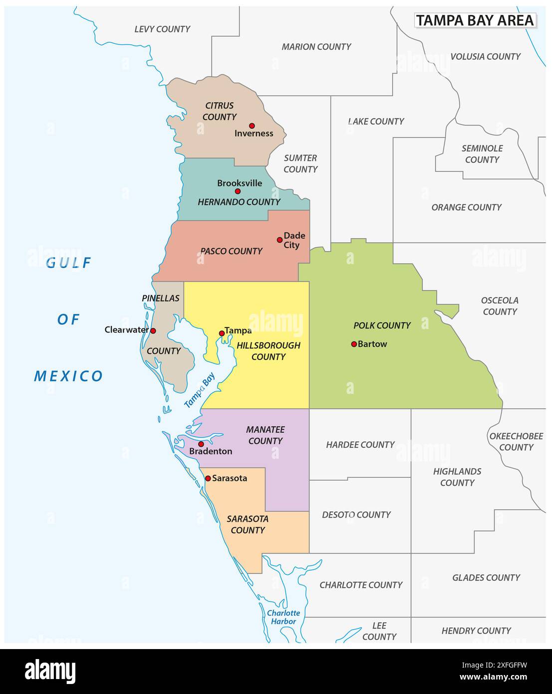 Mappa amministrativa dell'area di Tampa Bay, Florida, Stati Uniti Foto Stock
