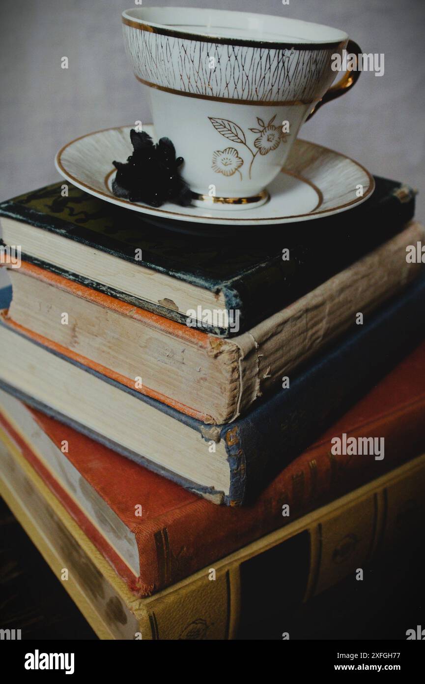 vecchi libri, con un tè e un piattino. Non c'è amico più fedele di un libro - Ernest Hemingway Foto Stock