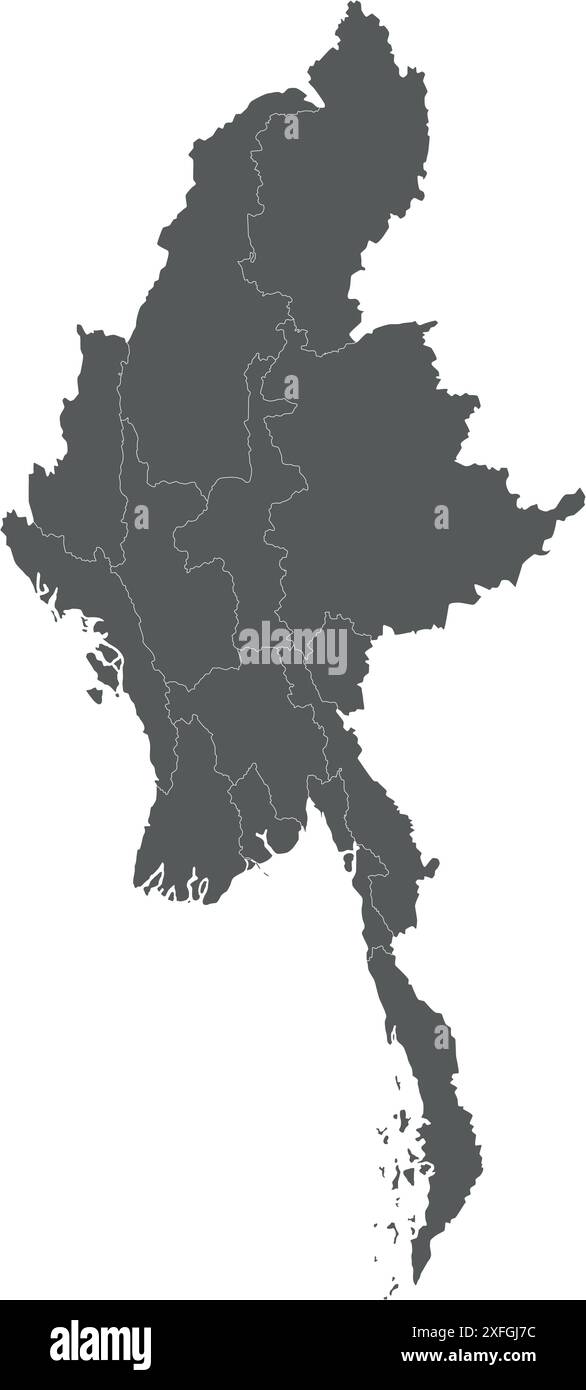 Mappa vettoriale in bianco del Myanmar con regioni, stati e divisioni amministrative. Livelli modificabili ed etichettati in modo chiaro. Illustrazione Vettoriale