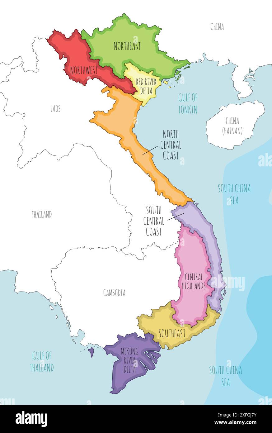 Mappa vettoriale del Vietnam con regioni e divisioni amministrative e paesi e territori confinanti. Modificabile ed etichettato in modo chiaro Illustrazione Vettoriale