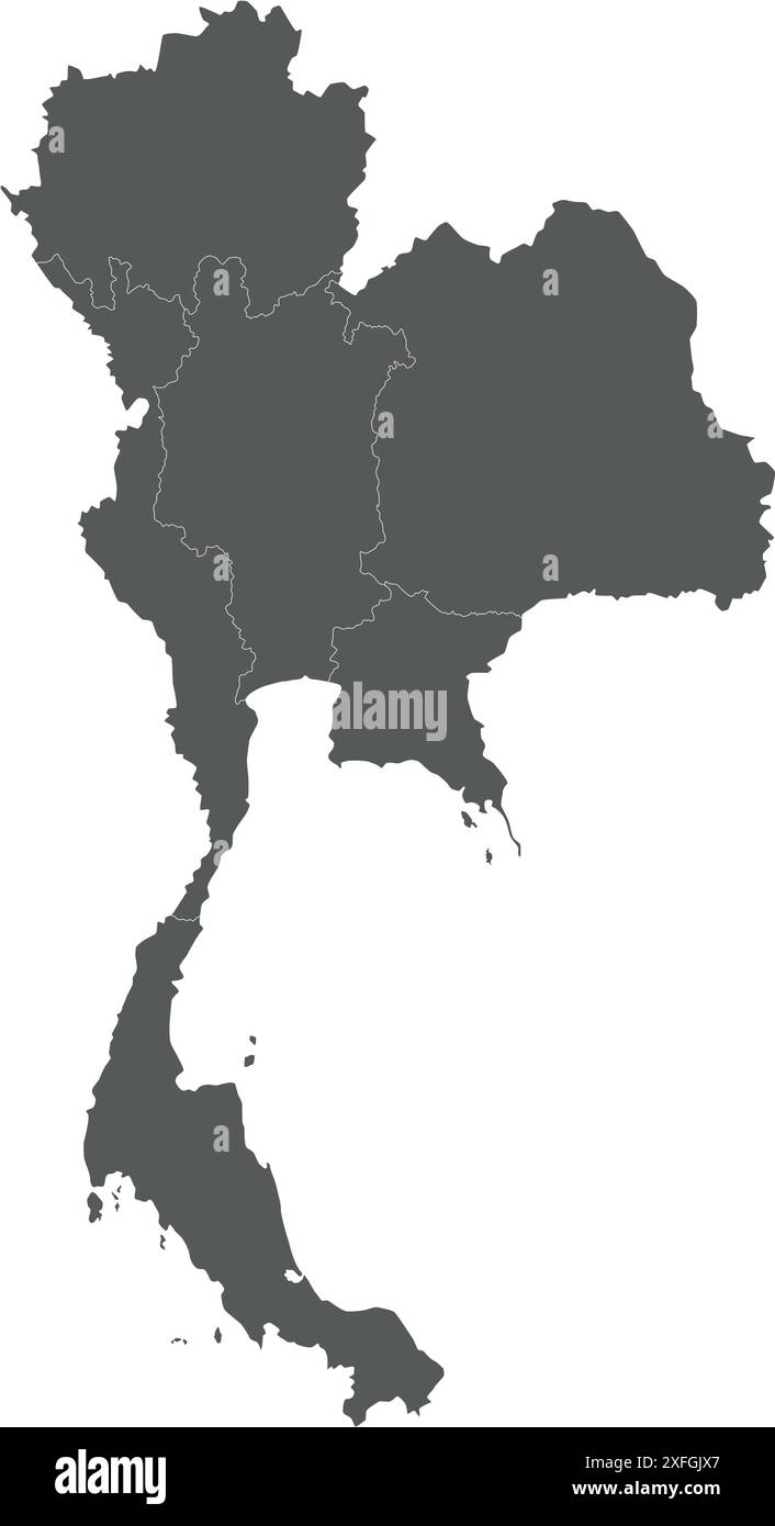 Mappa vettoriale in bianco della Thailandia con regioni o territori e divisioni amministrative. Livelli modificabili ed etichettati in modo chiaro. Illustrazione Vettoriale