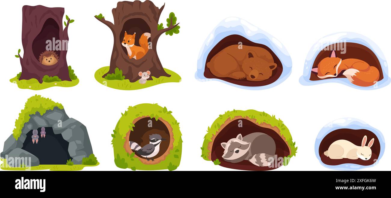 Animali all'interno della tana. Animale selvatico in tane grotta o cavità di alberi, accogliente rifugio naturale casa forestale riccio orso topo coniglio, personaggi dei cartoni animati ingegnosa illustrazione vettoriale Illustrazione Vettoriale