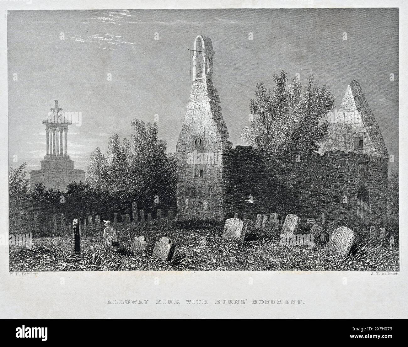 Alloway Kirk con il monumento a Burns, Ayrshire, Scozia, incisione vintage del 1839 Foto Stock