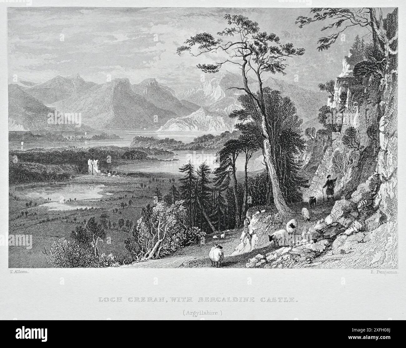 Loch Creran con Castello di Bercaldine, Scozia, incisione vintage del 1800 Foto Stock