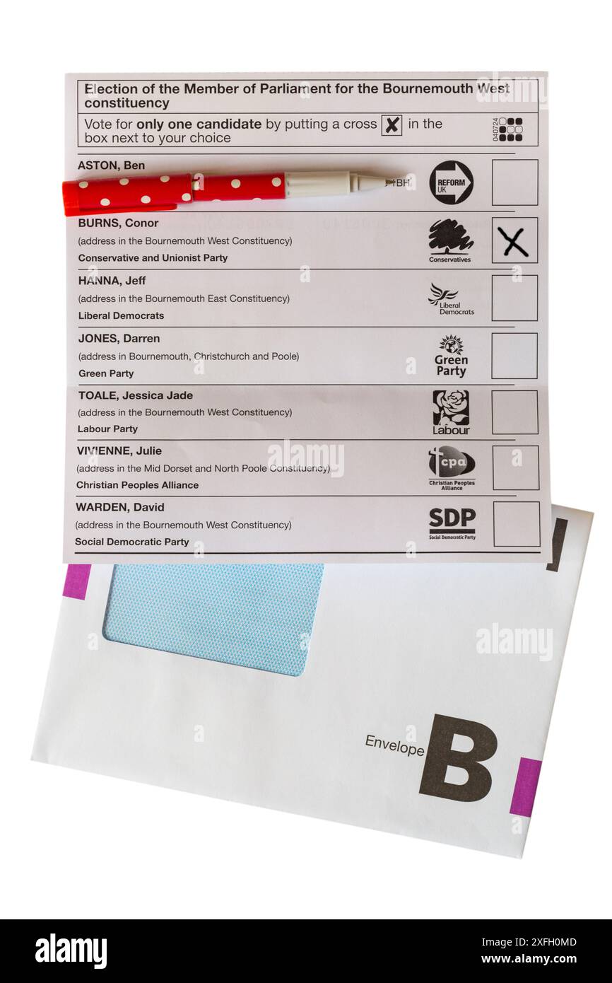 Candidati per la circoscrizione di Bournemouth West su Ballot Paper per le elezioni parlamentari del 2024 nel Regno Unito - X contro i conservatori - voto Foto Stock