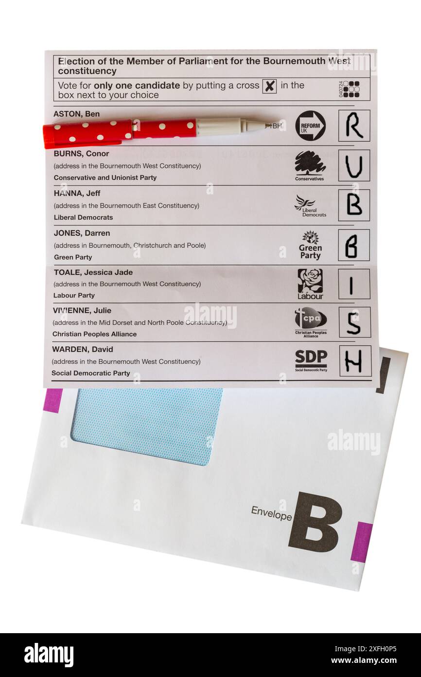 La carta viziata per le prossime elezioni generali parlamentari del 2024 nel Regno Unito - spazzatura Foto Stock