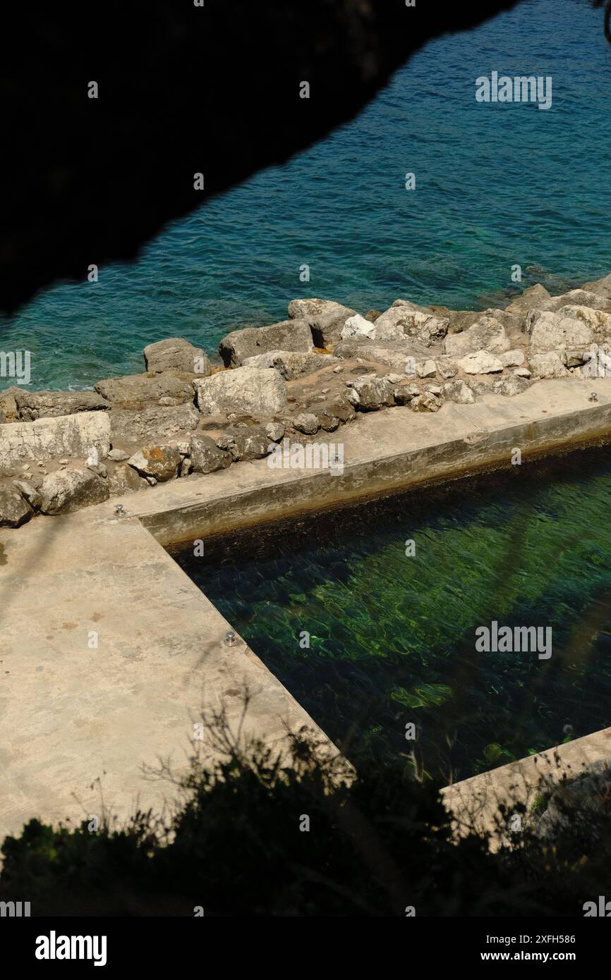 Una pittoresca sezione del Sentier Littoral de Saint-Jean-Cap-Ferrat a Saint-Jean-Cap-Ferrat, Francia, caratterizzata da una costa rocciosa con acque cristalline Foto Stock