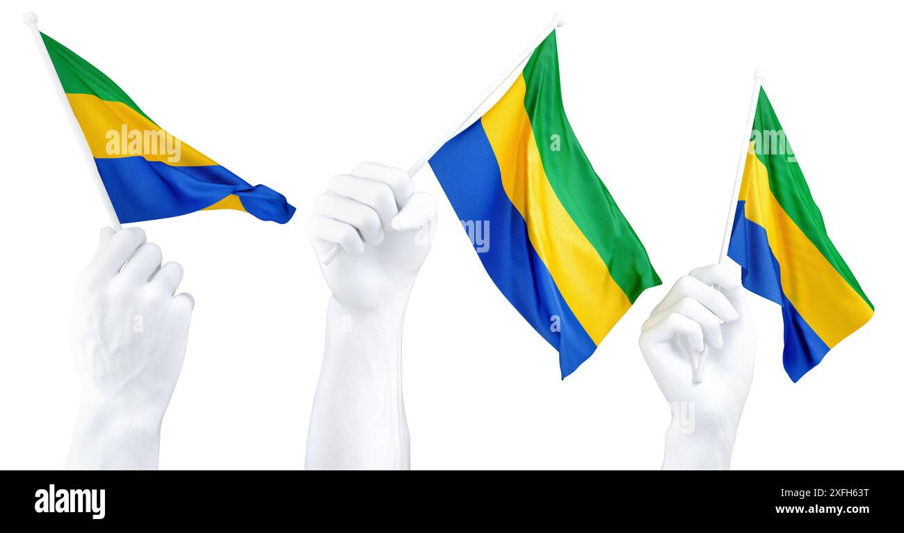 Le mani sventolano bandiera del Gabon isolata sul bianco. Rendering 3d. Foto Stock
