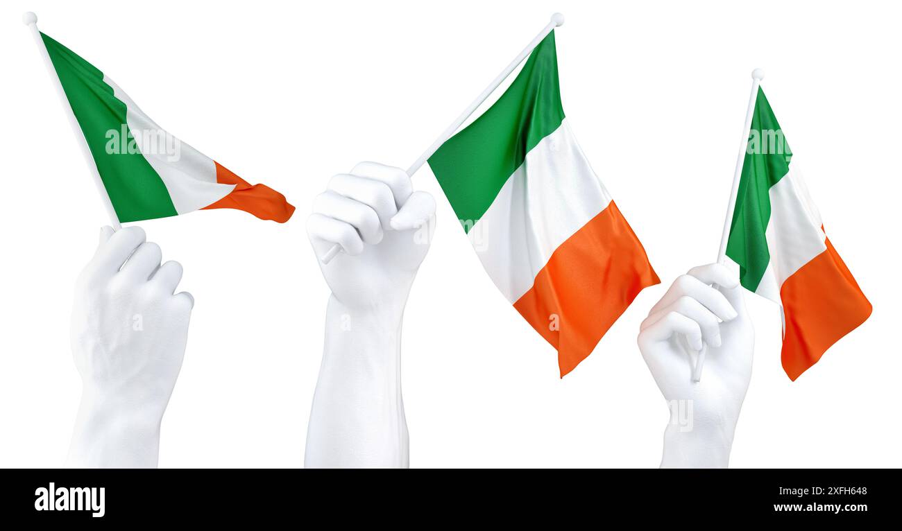 Le mani sventolano bandiera dell'Irlanda isolata sul bianco. Rendering 3d. Foto Stock