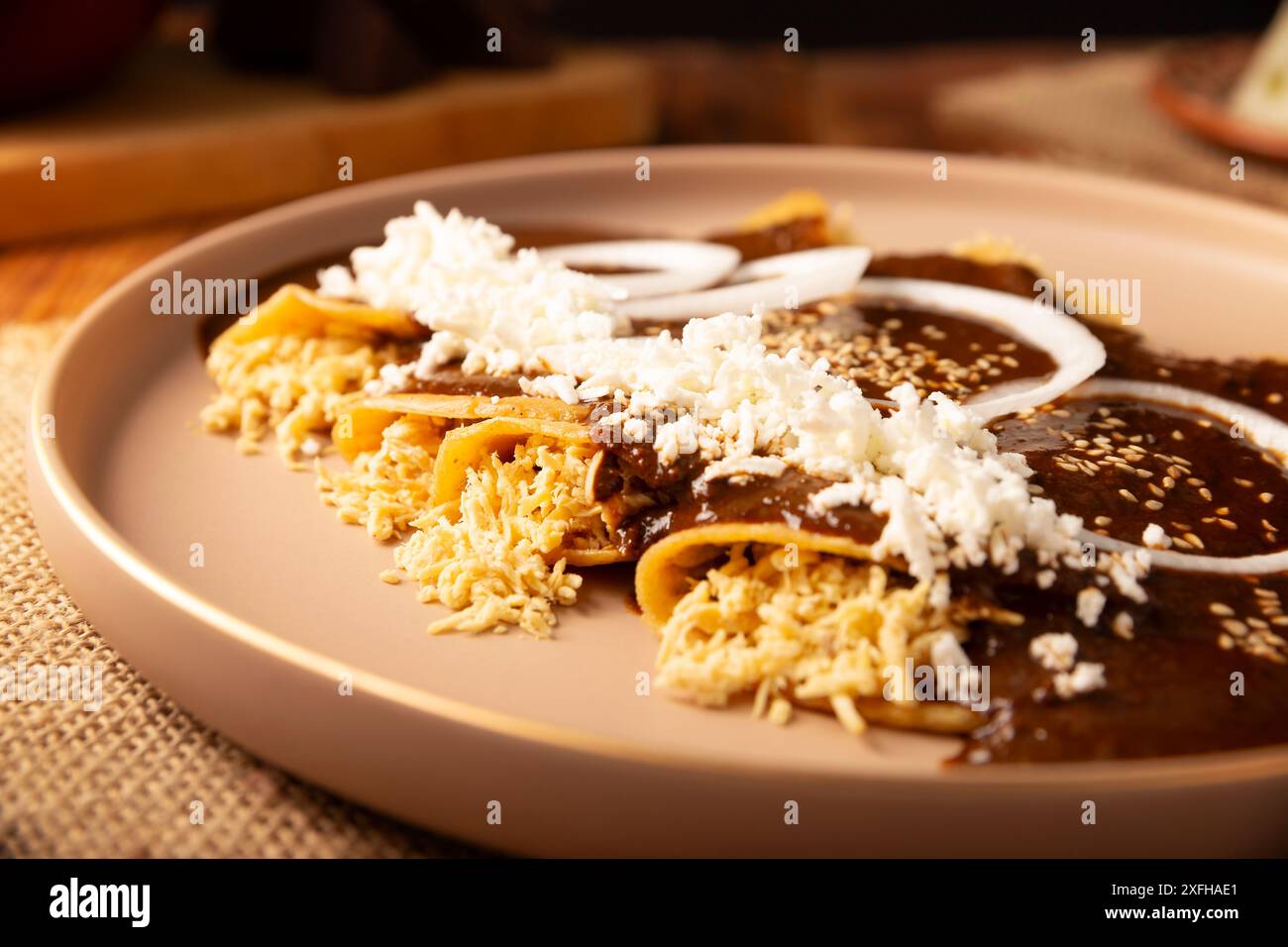 Enmoladas di pollo. Conosciuti anche come mole poblano enchiladas, sono un tipico piatto messicano che è molto popolare in Messico e nel resto del mondo. Foto Stock