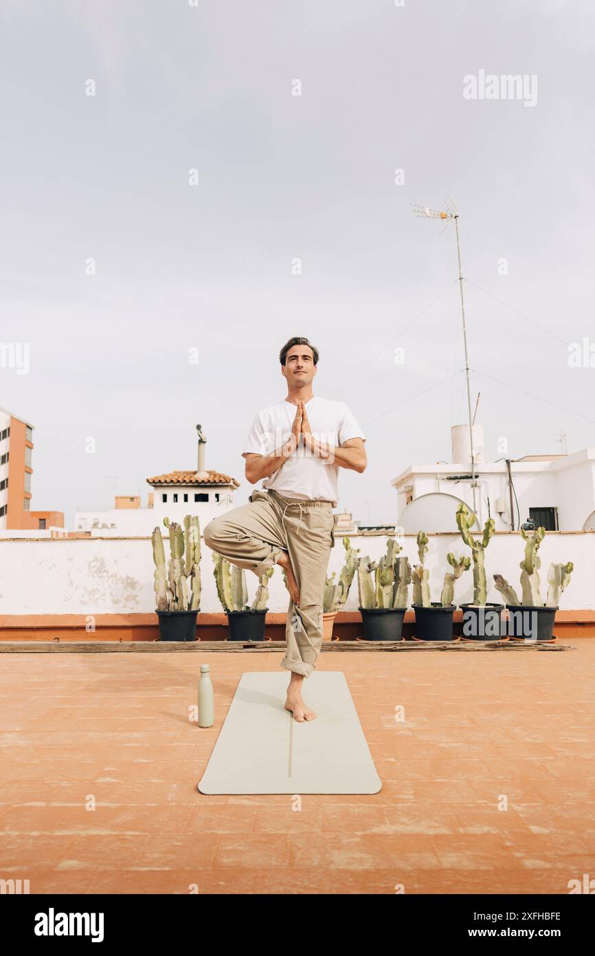 Uomo determinato che fa posa di alberi sul tetto di un edificio contro il cielo Foto Stock