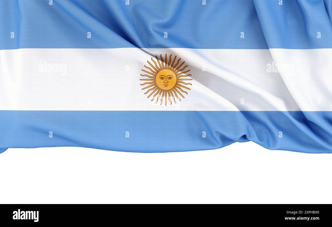 Bandiera dell'Argentina isolata su sfondo bianco con spazio di copia sottostante. Rendering 3D. Foto Stock
