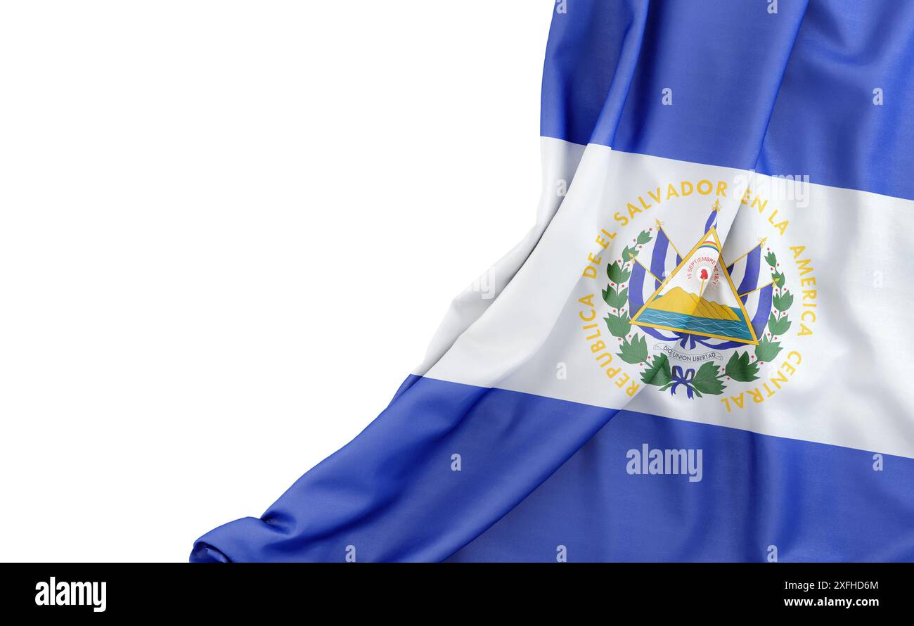 Bandiera di El Salvador con spazio vuoto sulla sinistra. Isolato. Rendering 3D. Foto Stock