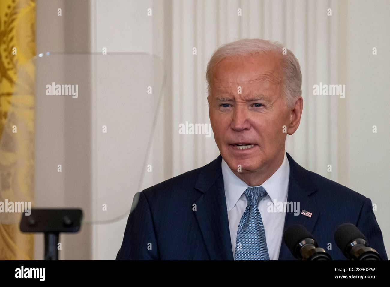 Washington, Stati Uniti. 3 luglio 2024. Il presidente degli Stati Uniti Joe Biden pronuncia le sue osservazioni alla cerimonia della Medal of Honor nella East Room della Casa Bianca a Washington, DC, mercoledì 3 luglio 2024. Foto di Ken Cedeno/UPI credito: UPI/Alamy Live News Foto Stock