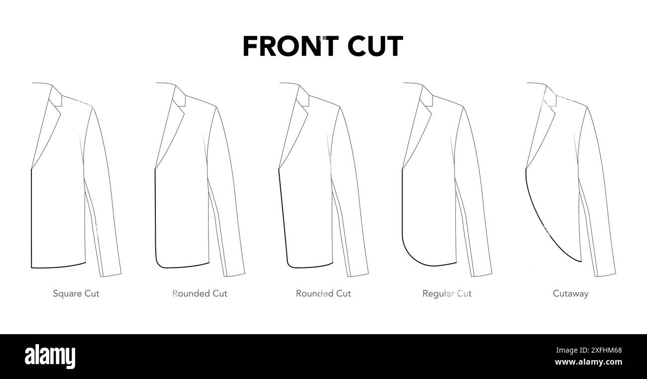 Set di giubbotti frontali Dettagli superiori - quadrati, arrotondati, modelli regolari, illustrazione tecnica alla moda. Vista frontale modello abbigliamento piatto. Donne, uomini unisex CAD mockup isolato Illustrazione Vettoriale