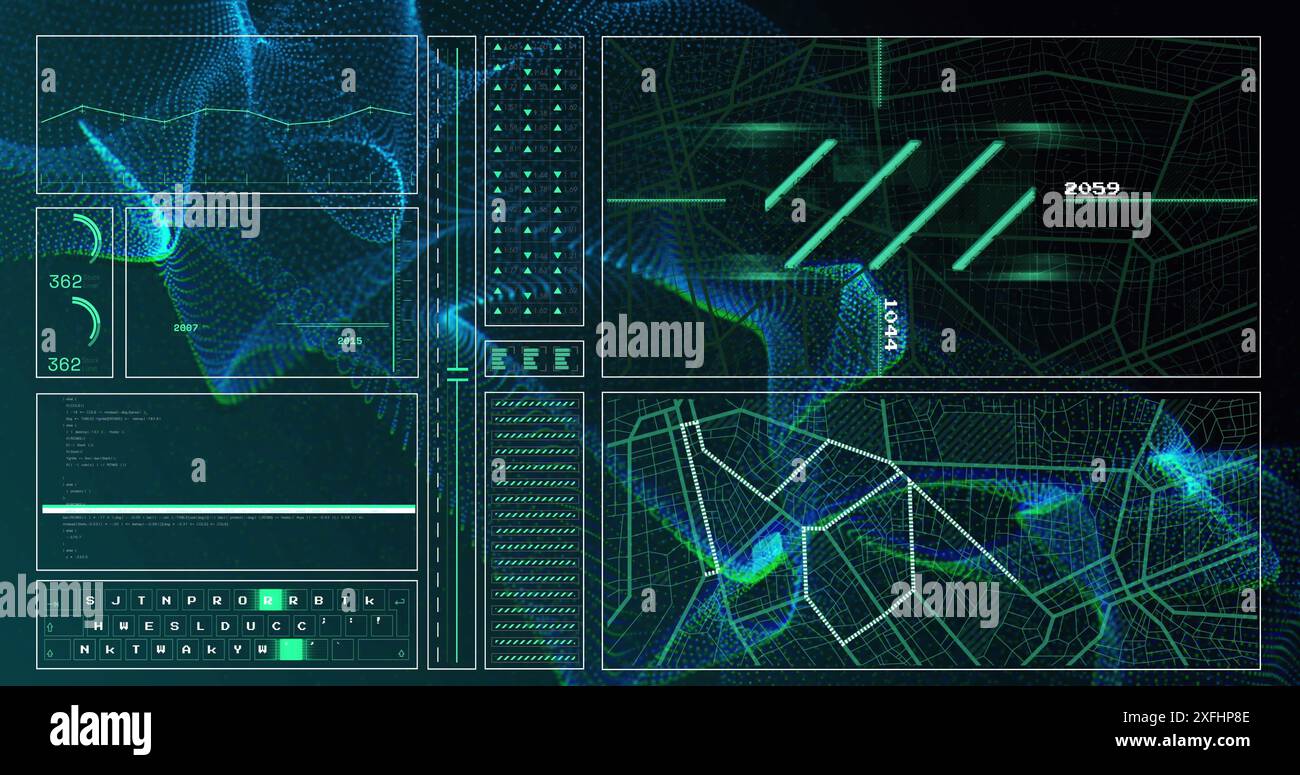 Immagine del grafico, linguaggio informatico, cerchi di carico, schema di navigazione su onde dinamiche Foto Stock