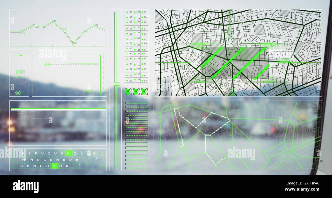Immagine di grafico, cerchi di carico, schema di navigazione sul moderno paesaggio urbano contro il cielo Foto Stock