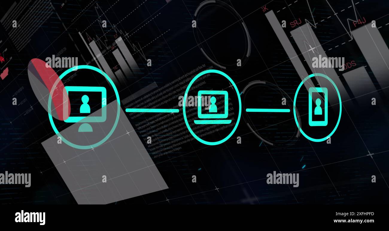 Immagine del diagramma di flusso di icone con interfaccia infografica su sfondo nero Foto Stock