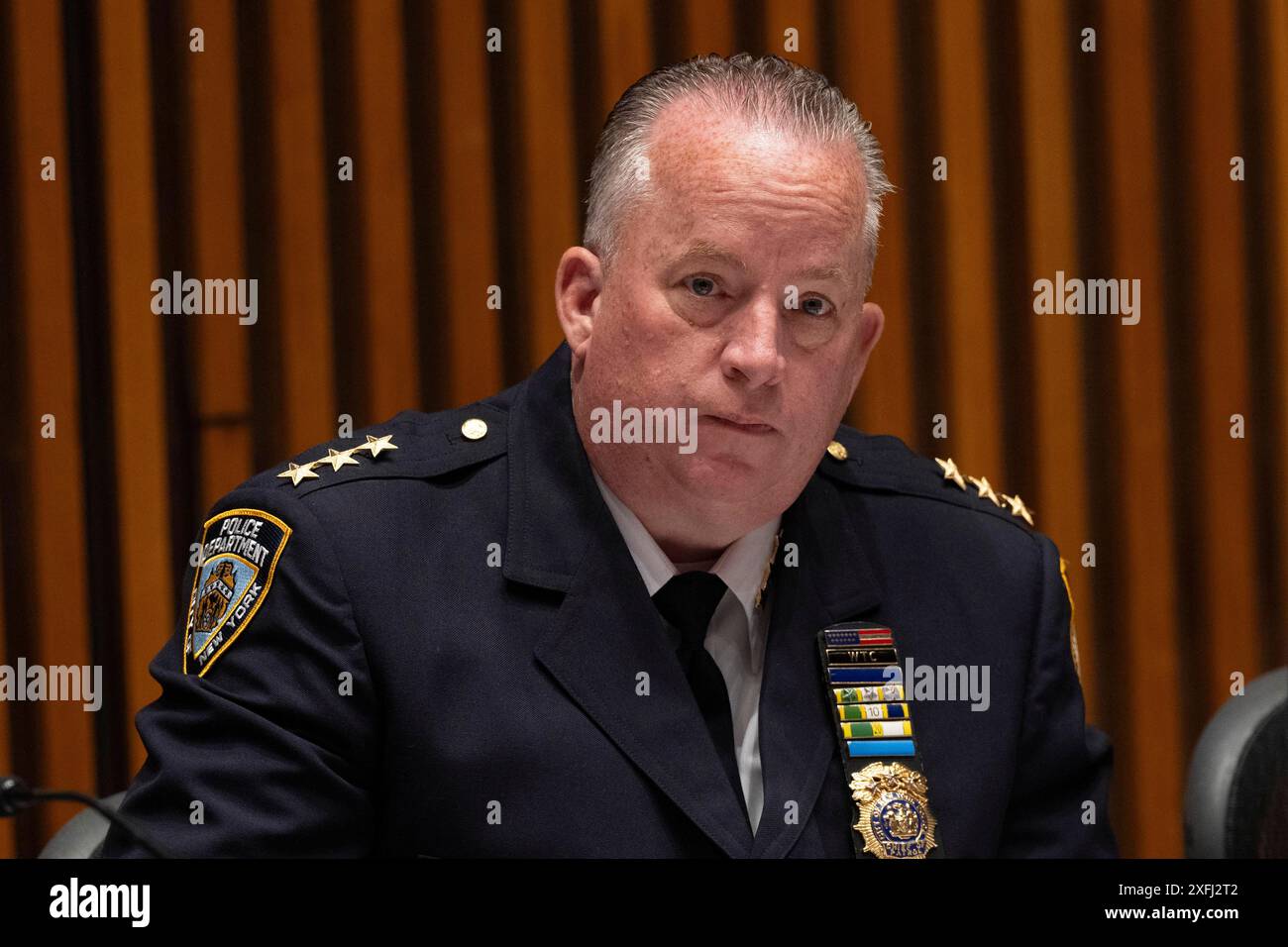 New York, New York, Stati Uniti. 3 luglio 2024. Il capo della pattuglia John Chell parla al briefing stampa del sindaco Eric Adams e dei dirigenti della polizia di New York sulle statistiche sul crimine e sui preparativi per i fuochi d'artificio del 4 luglio di Macy presso One Police Plaza a New York il 3 luglio 2024 (Credit Image: © Lev Radin/ZUMA Press Wire) SOLO PER L'USO EDITORIALE! Non per USO commerciale! Foto Stock