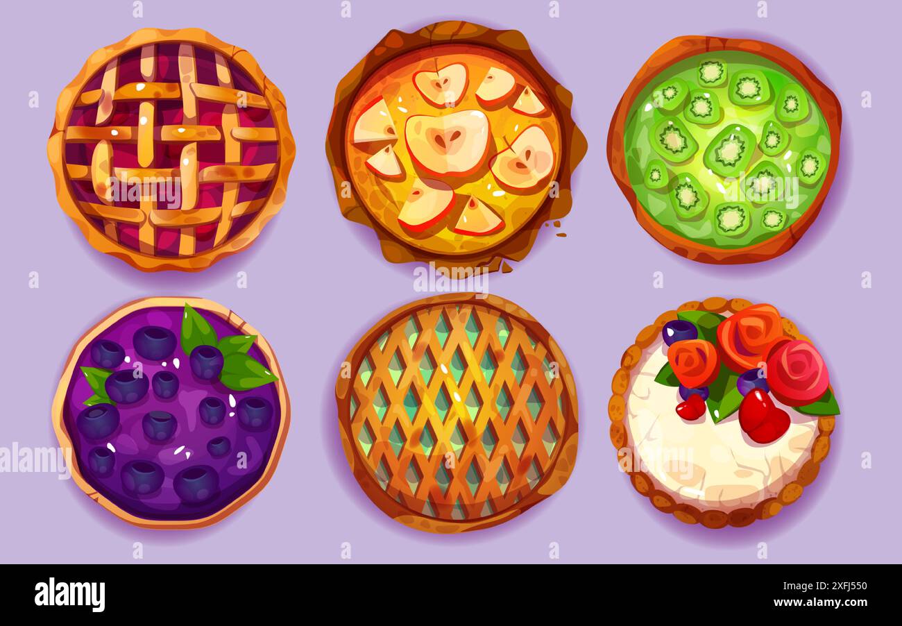 Dolce, intera torta fatta in casa, vista dall'alto con frutta e frutti di bosco. Set vettoriale di crostata al forno e cheesecake con crosta e reticolo decorativo, mela e mirtillo, fette di kiwi e rose panna. Illustrazione Vettoriale