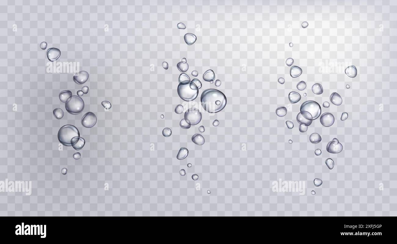 Bolle frizzanti subacquee isolate su sfondo trasparente. Illustrazione vettoriale realistica dell'effetto aria in acqua limpida, bibita gassata frizzante, flusso di liquido nell'acquario, elementi di design a spruzzo Illustrazione Vettoriale