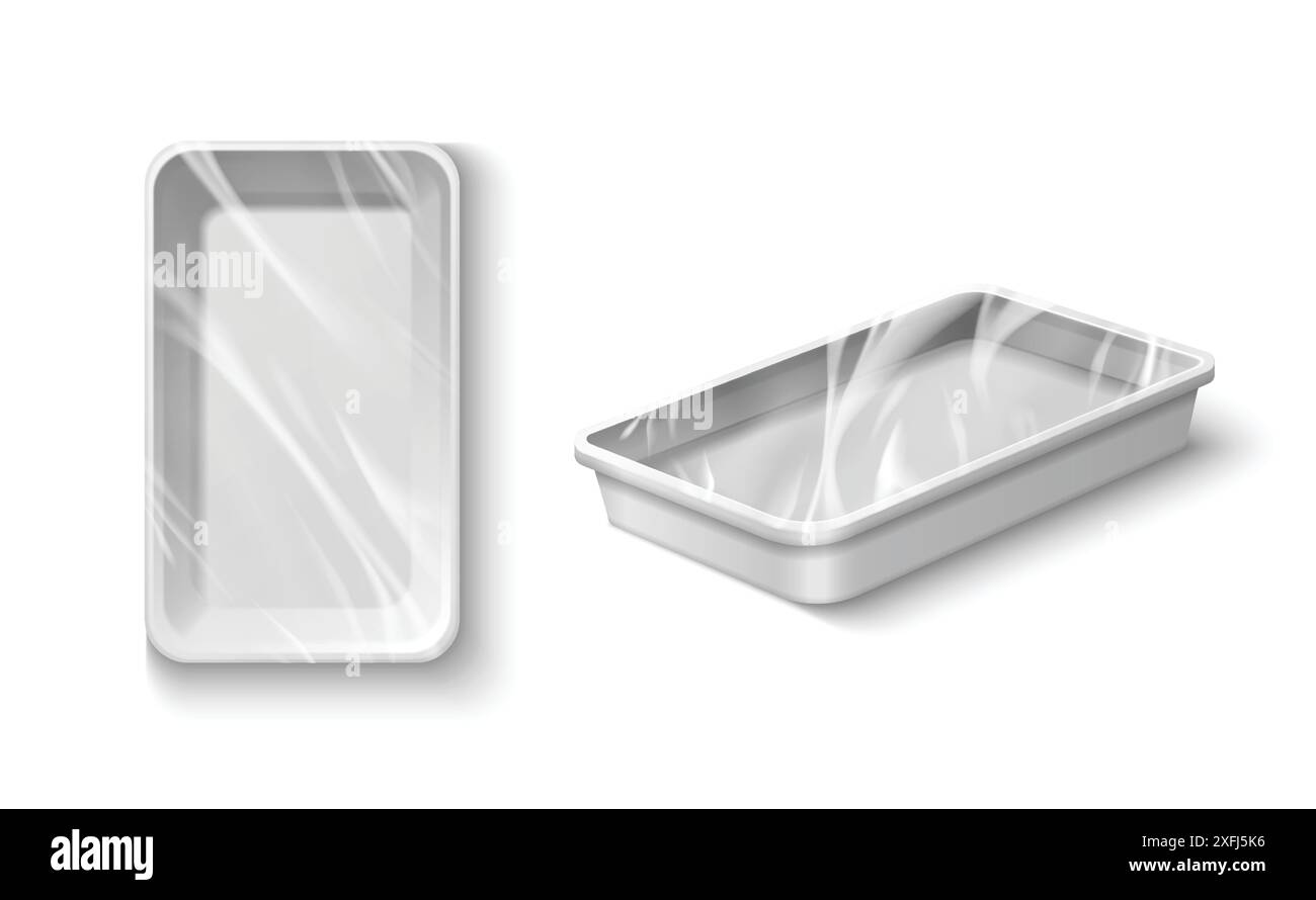 Mockup per contenitori per alimenti in plastica isolati su sfondo bianco. Illustrazione vettoriale realistica di vassoi rettangolari in polistirolo rivestiti in polietilene per la conservazione sicura degli alimenti, vista superiore e isometrica Illustrazione Vettoriale