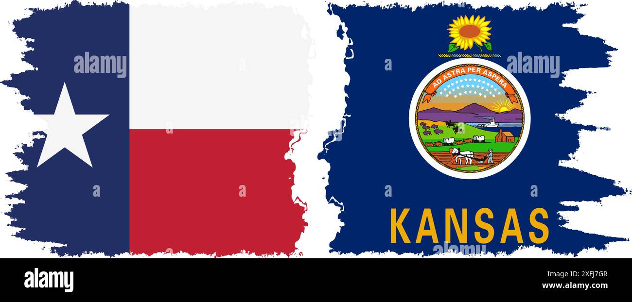 Kansas e Texas stati grunge pennello flag connessione, vettore Illustrazione Vettoriale