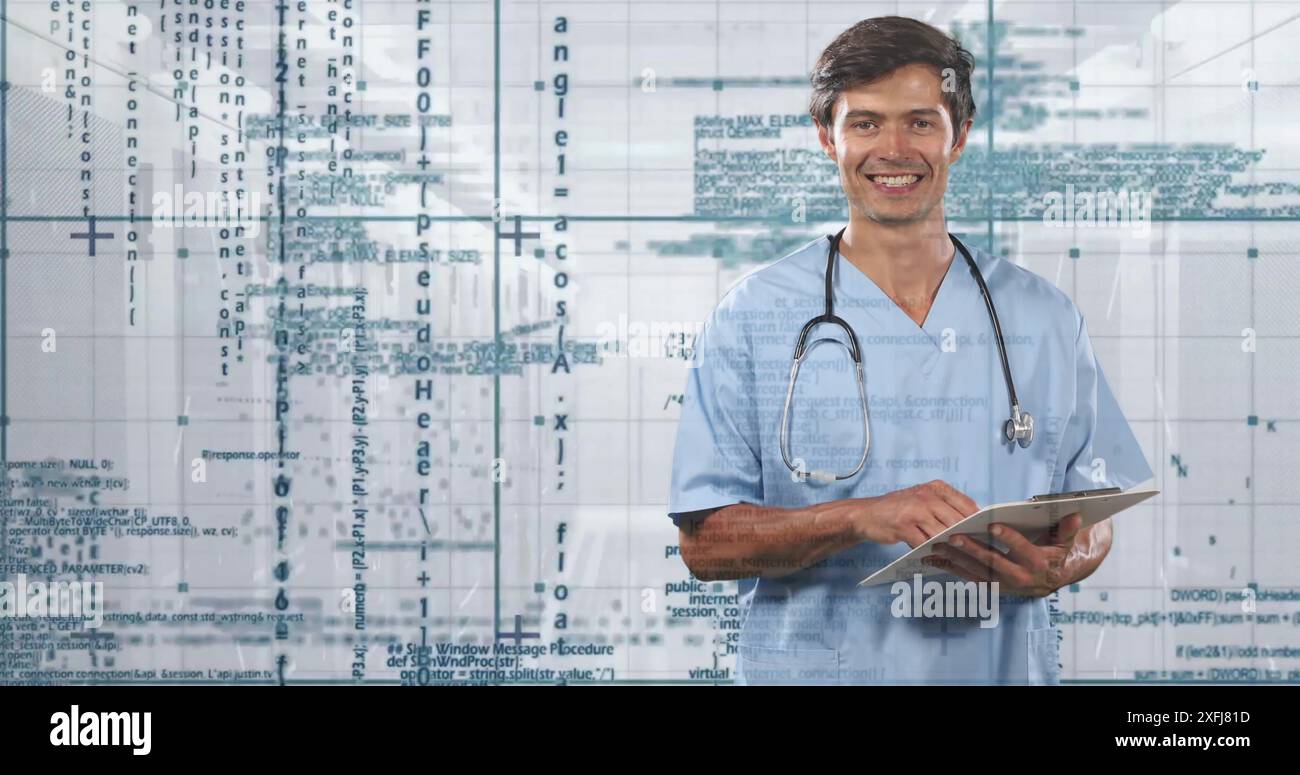 Immagine di elaborazione dei dati finanziari su medico maschile caucasico Foto Stock